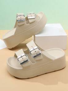 女士夏季厚底沙滩人字凉鞋，休闲户外简约时尚防滑耐磨拖鞋 - 卡其色 - 查看 2