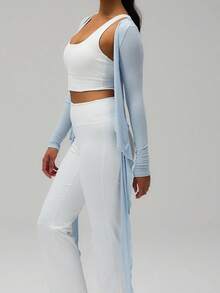 Pilates Wrap Tie Shirt Tops For Women Long Sleeve Ballet Tie Top Dance Ballerina Cover Up Top Yoga Workout Blouse - 淺藍色 - 查看 3