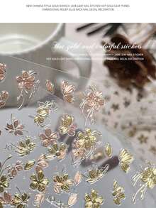 4pcs Vintage Gold Foil Nail Art Stickers, Embossed Peony Flower & Jade Leaf Design Nail Jewelry Accessories