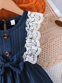 Baby Girl White Ruffle Wave & Green Sleeveless Dress + Headband - Navy Blue - View 5