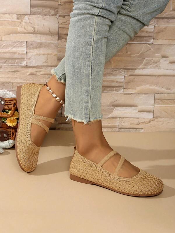 Women's Casual Round Toe Flat Slip-On Shoes, Comfortable Breathable Lightweight Solid Color Elegant Criss-Cross Strap Loafers For All Seasons