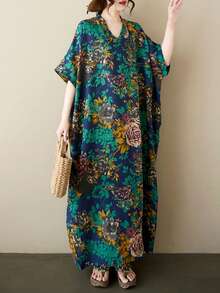 Tops, Light Dress,Green Flower Dress, Elegant Women's Dress, Beach Dress, Women's Dress, 2025 Summer V-Neck Short Sleeve Full Skirt, Bohemian Casual Holiday Dress, Sleeping Dress - Green - View 3