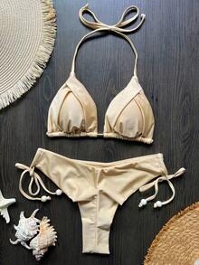 Bộ bikini buộc dây cổ màu trơn, thích hợp cho kỳ nghỉ hè trên bãi biển. - Màu Khaki - Xem 1