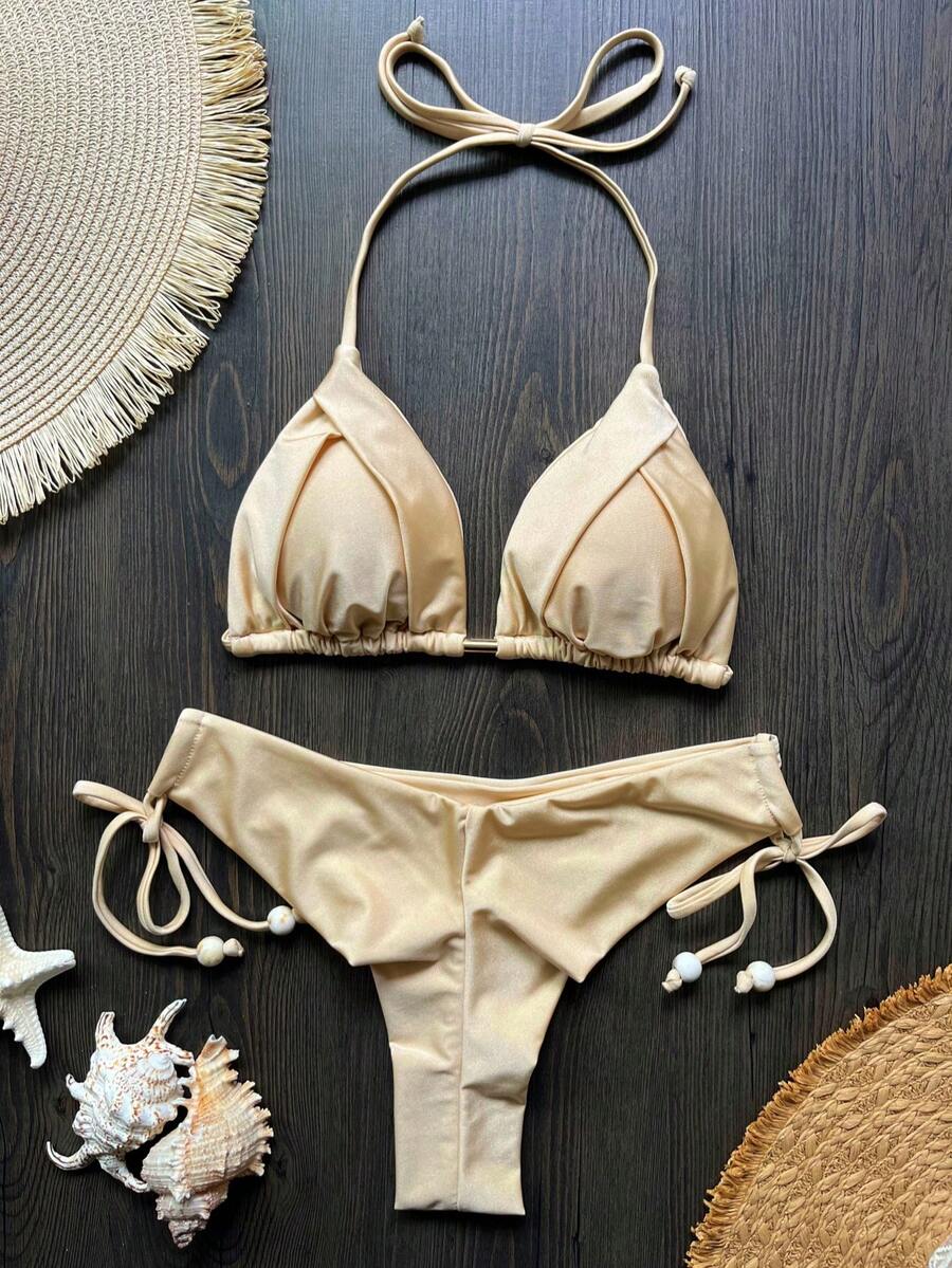 Solid Color Halter Tie Front Bikini Set Vacation Beach Summer - Khaki - View 1