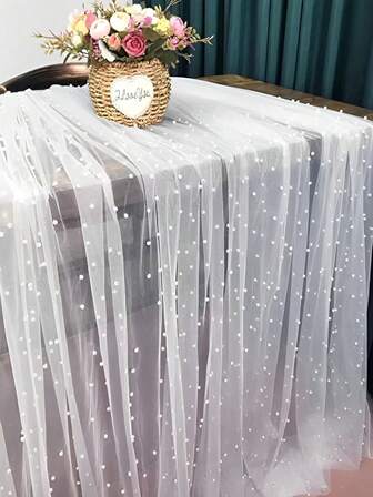 1 件仿珍珠装饰桌旗，婚礼白珍珠薄纱桌布，婚礼拱门装饰招待会新娘送礼会，派对装饰，椅子飘带，活动背景墙装饰，圣诞节，婚礼装饰尼龙网眼面料新珍珠镂空网眼面料情人节