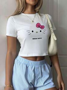 Sanrio 1 Pc Sanrio Hello Kitty Graphic Round Neck Short Sleeve Slim Crop T Shirt Top Tee For Women Sexy Cute T-Shirts White For Girls Valentines Gifts