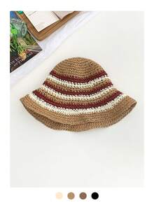 1pc Women Dopamine Gradient Weaven Round Top Straw Hat, Summer Beach Sun Protection Hat, Face-Slimming Bucket Hat, Breathable Bohemian Hollow Straw Hat - Straw Bucket Hat - View 21