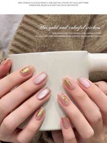 4pcs Vintage Gold Foil Nail Art Stickers, Embossed Peony Flower & Jade Leaf Design Nail Jewelry Accessories