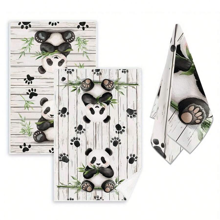 2pcs Modern Panda Pattern Hand Towels - Kitchen Decor Dish Cloth, Absorbent, Machine Washable, Suitable For Cooking, Baking, Housewarming Gift, Cleaning, Bathroom, 40cm*60cm - Multicolor - View 1