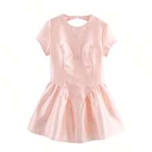 ZEVITY Solid Color Elegant Ruffle Trim Zipper Back Hollow Mini Dress DS2533