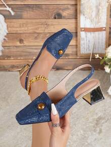 Giày sandal hở gót mũi vuông kiểu Pháp dành cho nữ, thích hợp cho mùa hè. - Màu xanh lam - Xem 1