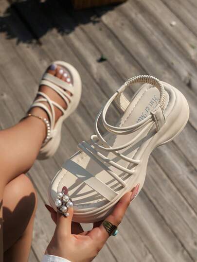 Thick Sole Wedge Heeled Sandals For Women, New Summer Black Beach Sandals, Versatile, Backstrap Design, Platform Slip-On Shoes