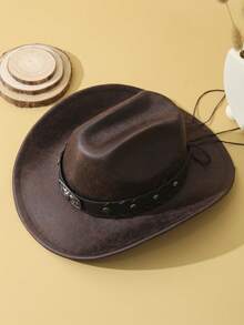 1pc Unisex Cattle Head & Belt Decor Boho Jazz Cowgirl Hat Cowboy Hat Ridge Wide Brim Handmade Soft Felt Hat Panama Hat Fedora Hat Western Suitable For Party - 咖啡棕 - 查看 3