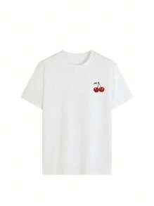 Camiseta de mujer de estilo casual, holgada y versátil con cuello redondo, manga corta, estampado de cerezas y lema, ideal para vacaciones. Camiseta gráfica en color rosa y blanco, adecuada para el uso diario y de vacaciones
