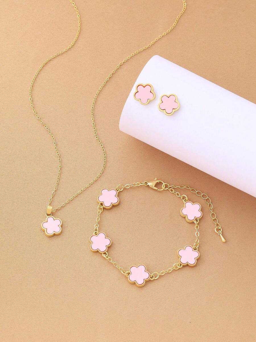 Set de 4 piezas de joyas decoradas con flores - regalo para San Valentín, Mamá, Madre, Día de la Madre - Rosa - Ver 1