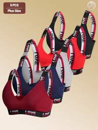 5pcs Casual - Comfy Simple Letter Knit Wireless Bras For Plus Size Women, All Season