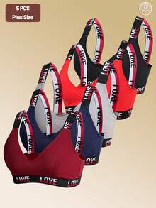 5pcs Casual - Comfy Simple Letter Knit Wireless Bras For Plus Size Women, All Season