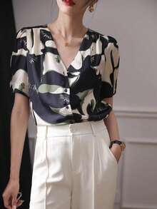 Áo sơ mi nữ kiểu Pháp, áo sơ mi nữ mùa hè tay ngắn dáng suông thoải mái, áo sơ mi in họa tiết thời trang, áo sơ mi nữ kín đáo, thích hợp cho mua sắm, du lịch, nghỉ dưỡng. - Đen và trắng - Xem 4