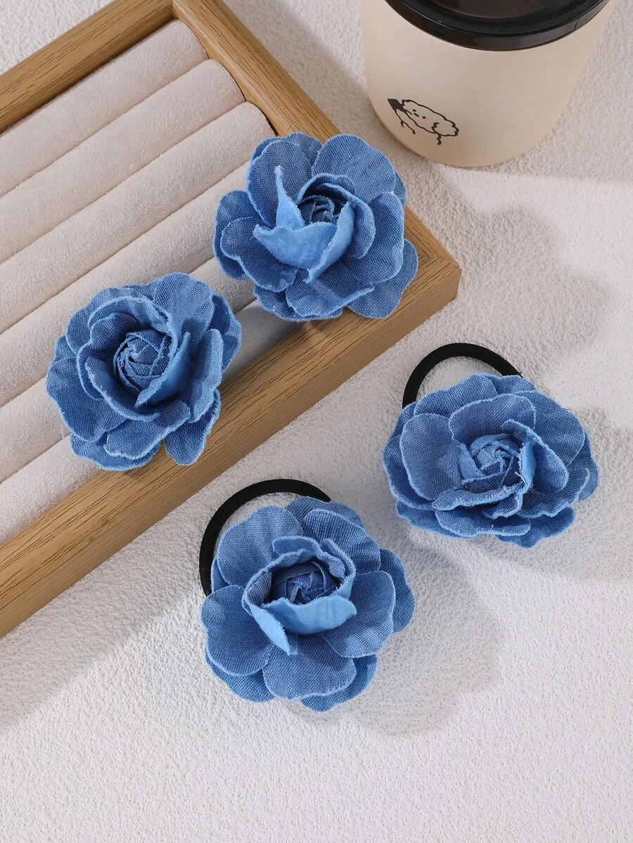 2pcs/4pcs Girls Blue Floral Hair Ties & Clips Set - Blue - View 1