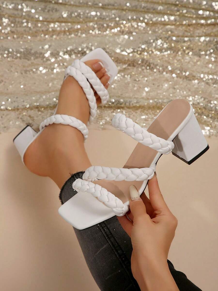 法式时尚高跟鞋，纯色优雅度假休闲通勤商务女士凉鞋，7厘米厚编织皮革带，适合婚礼派对办公室家居户外夏季