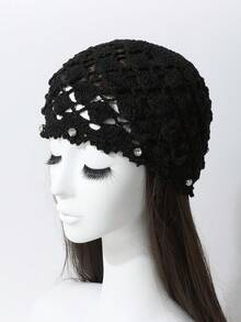 1 pieza Sombrero de sol de mujer hecho a mano con ganchillo, de primavera/verano, de red transpirable con flores, decorado con strass, elegante vintage, de punto y versátil