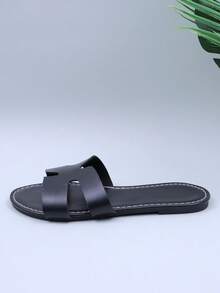 1 双加大码欧美风格青少年女孩黑色 H 型 PU 圆头平底凉鞋，防滑舒适休闲拖鞋 - 黑色 - 查看 7
