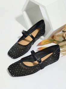 女士黑色网眼透气平底凉鞋，水钻装饰玛丽珍芭蕾平底鞋，轻便舒适，适合夏季穿着 - 黑色 - 查看 2