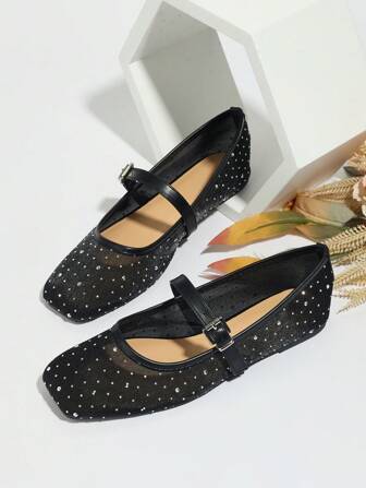 Black Mesh Breathable Flat Sandals For Women, Rhinestone Decor Mary Jane Ballet Flats, Lightweight & Comfortable For Summer Wear