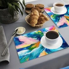 1/4/6/8/12 Pcs Linen Dining Table Placemats, Colorful Feather Oil Painting 3D Print Washable Table Mats, Surface Protective Pads, Indoor Outdoor Dining Table Mats, Suitable For Holiday Parties, Kitchen