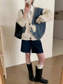 Denim Patchwork Sweater Cardigan For Women, New Spring Loose Knit Coat Top - White - View 3