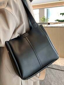 缝线细节单肩托特包书包，便携，轻便，商务休闲，适合少女、女大学生、白领、新手和白领，非常适合返校、大学、工作、商务、通勤、办公室 - 棕色 - 查看 2