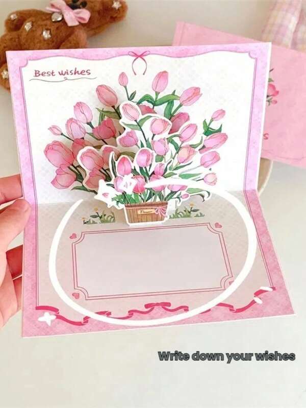 1pc Christmas INS Business Tulip Birthday Gift Creative Cute Greeting Card, 3D Cake Blessing Card, With White Kraft Paper Envelope Seal Stickers, Folding Flowers Gratitude Blessing Card, Graduation Teacher's Day Carnation Sunflower Rose Bouquet High-End Mother's Day Knitted Flower Bouquet, Housewarming Single Party Invitation Meetup Beautiful Girls