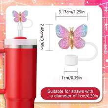 1 件/4 件闪光硅胶吸管盖蝴蝶吸管盖杯盖，10 毫米/0.39 英寸可重复使用吸管盖适用于玻璃杯配件