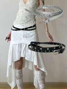 1pc Star Print Bohemian PU Leather Super Long Double Layer Wrapped Stars Rivet Skinny Waist Belt, Sexy Punk Retro Y2K Style Versatile Accessory For Skirt/Pants Summer, School Fall, Autumn, Halloween - Multicolor - View 2
