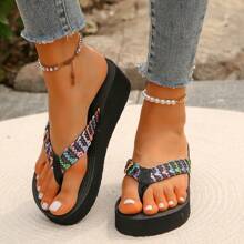 Chanclas de mujer con cuerda, plataforma trenzada de paja con tacón de 5cm de grosor, sandalias de cuña resistentes al desgaste y antideslizantes para vacaciones, playa y verano