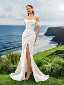 优雅佛罗伦萨简约开叉大腿美人鱼白色婚纱新娘，优雅正式晚会舞会婚礼宾客礼服，适合毕业典礼、晚宴、新娘 - 白色 - 查看 2