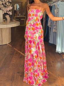 Women Tube Top Maxi Dress Fitted Strapless Mesh Patchwork Long Dress Floral Print High Slit Night Dresses Clubwear - Hồng - Xem 4