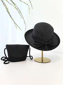 1 Set Cappello di paglia e borsa a tracolla in paglia da donna, cappello a falde larghe con fiocco stile boho e borsa a tracolla, cappello da spiaggia e borsetta adatti per l'uso casual all'aperto, viaggi, vacanze al mare e uso quotidiano - Multicolore - Visualizzare 3