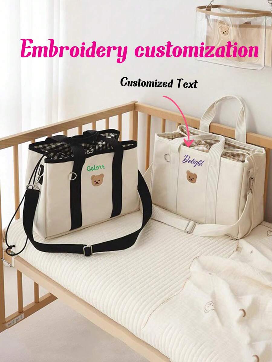 1 buc. Geantă de mămici personalizată cu șnur INS, geantă tote cu ursuleț brodat personalizată cu litere de capacitate mare, geantă de umăr ușoară și versatilă pentru mămici, geantă de mână multifuncțională de capacitate mare cu cârlig pentru cărucior, potrivită pentru uz zilnic, cadou pentru familie și prieteni, potrivită pentru Ziua Mamei, Crăciun, Festivalul Primăverii, ziua de naștere
