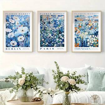 Paris Flower Art Posters, Blue Flower Art, Blue Plant Wall Arts, Blue And White City Plant Posters, Berlin Flower Market Posters, Colorful Natural Abstract Prints, Copenhagen City Art, Blue And White Flower Art Decorative Paintings Without Borders ,Wall Art With Frame