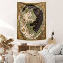 1 Pc Vintage Sun, Moon, Lucky Cat, Constellation, Letter, Boho Style Printed Tapestry Wall Hanging Decor, Living Room, Bedroom, Office, Dorm, Home Party, Rectangular Kitchen Wall Decor Fabric With Drape, Includes 3 Pins And 2 Clips