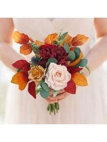 1 件婚礼花束玫瑰人造花束秋季婚礼装饰新娘焦橙色新娘花束婚礼赤陶花束婚礼仪式求婚，玫瑰婚礼胸花，假丝绸玫瑰花束用于婚礼派对办公室家居装饰工艺品