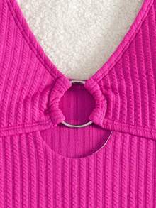 One-Piece Swimsuit For Tween Girls, Featuring High Side Slit Bikini Design, Tummy Control, Round Neck Backless Style, Makes You More Attractive On The Beach - Pink - View 3