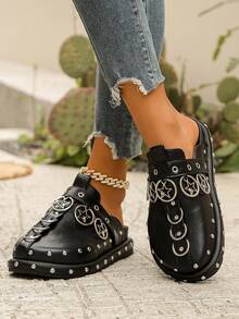 Women's Fashion Comfortable Riveted Personalized Platform & Thick-Soled Black Loafers,Mule Shoes