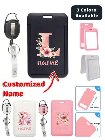 Customized Name Retractable ID Badge Clip Keychain Name Tag Holder Employee Card Cover Protector With Keychain Clip Personalized Security Accessories Suitable For Business For Identification Custom Name Design Ideal For Office Use DIY