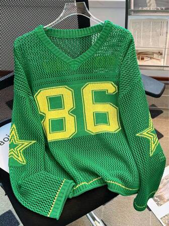 Women's Loose Fitting Number Print Sports Sweatshirt, Casual Airy See-Through Knit Pullover Blouse, Boyfriend Style, Elegant Design, Summer