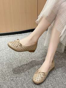 Teen Girls Flat Slip-On Loafers, Hollow Breathable Casual Comfortable Soft Bottom Moccasins For Girl, Versatile All Season - Khaki - View 5