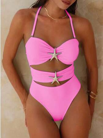 2026 Red Christmas Theme Women's One-Piece Swimsuit, Comfortable High-Elasticity Nylon Solid Color Fabric, Fashionable Starfish Decor, Front Hollow Backless Halter Design