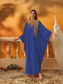 AmazingHoney Elegant Dark Blue Loose-Fit Kaftan Dress With Gold Sequin Embellishments, Party Abaya, Formal Muslim Dress, Evening Gown,Abaya Dress (Loose Fit– Please Check Size Chart), Modest - Royal Blue - View 8