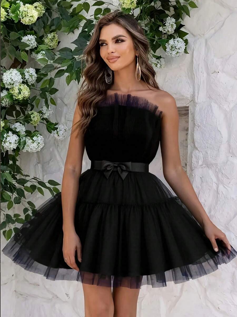 Elegant Off-The-Shoulder Black Tulle Dress With Bow Details - Perfect For Weddings, Parties And Formal Events, Sleeveless Mini Dresses, Tiered Hemlines, Formal Event Wear - Black - View 1